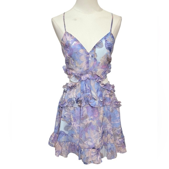 Privy Dresses & Skirts - Privy Floral Cutout Ruffle Mini Dress in Purple Size Small